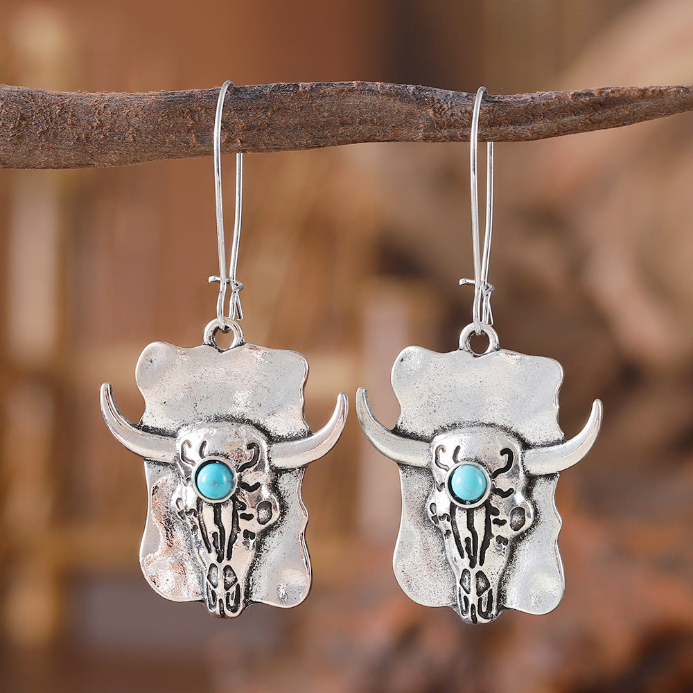 Wholesale  retro ethnic style inlaid turquoise cow head earrings