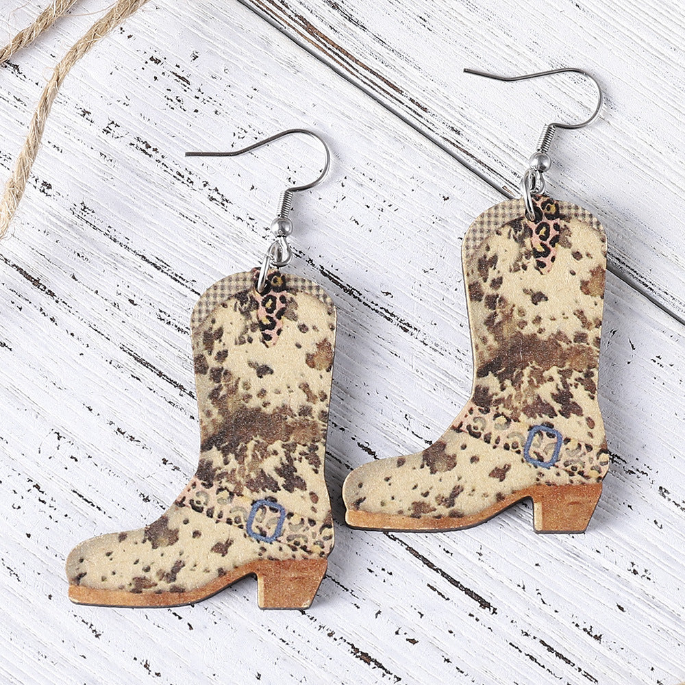 Wholesale Western Bohemian Flower Cowboy Boots Pendant Wood Earrings ACC-ES-ChuLian081
