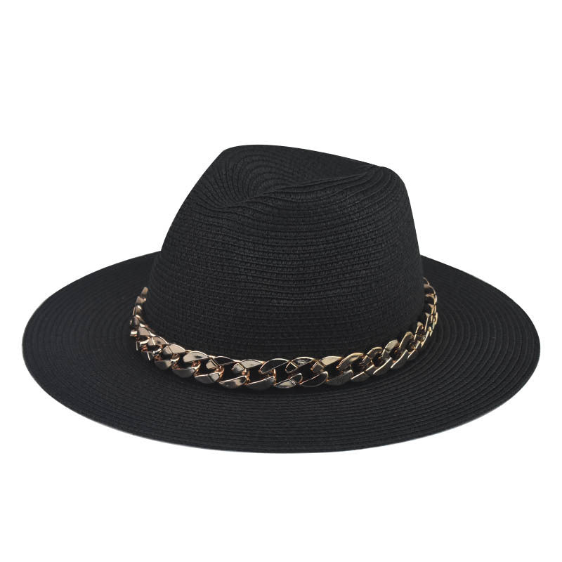 Wholesale Trendy Wide Brim Straw Hat With Gold Chain Decoration Flat Top Khaki Sun Hat For Summer Casual Wear