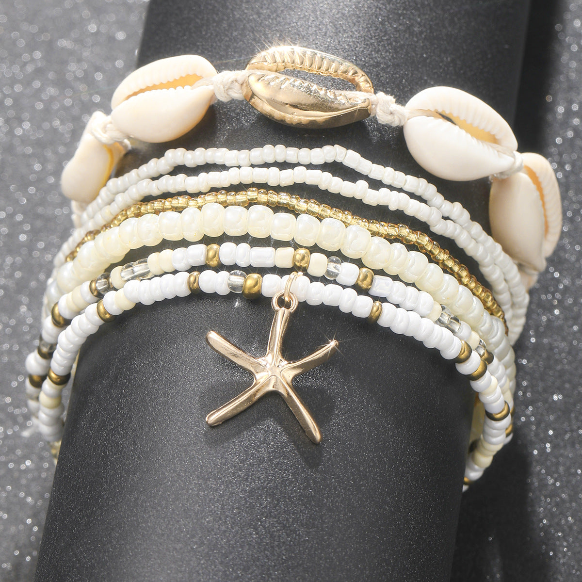 Wholesale Bohemian beach holiday style rice beads shell starfish multi-layer anklet