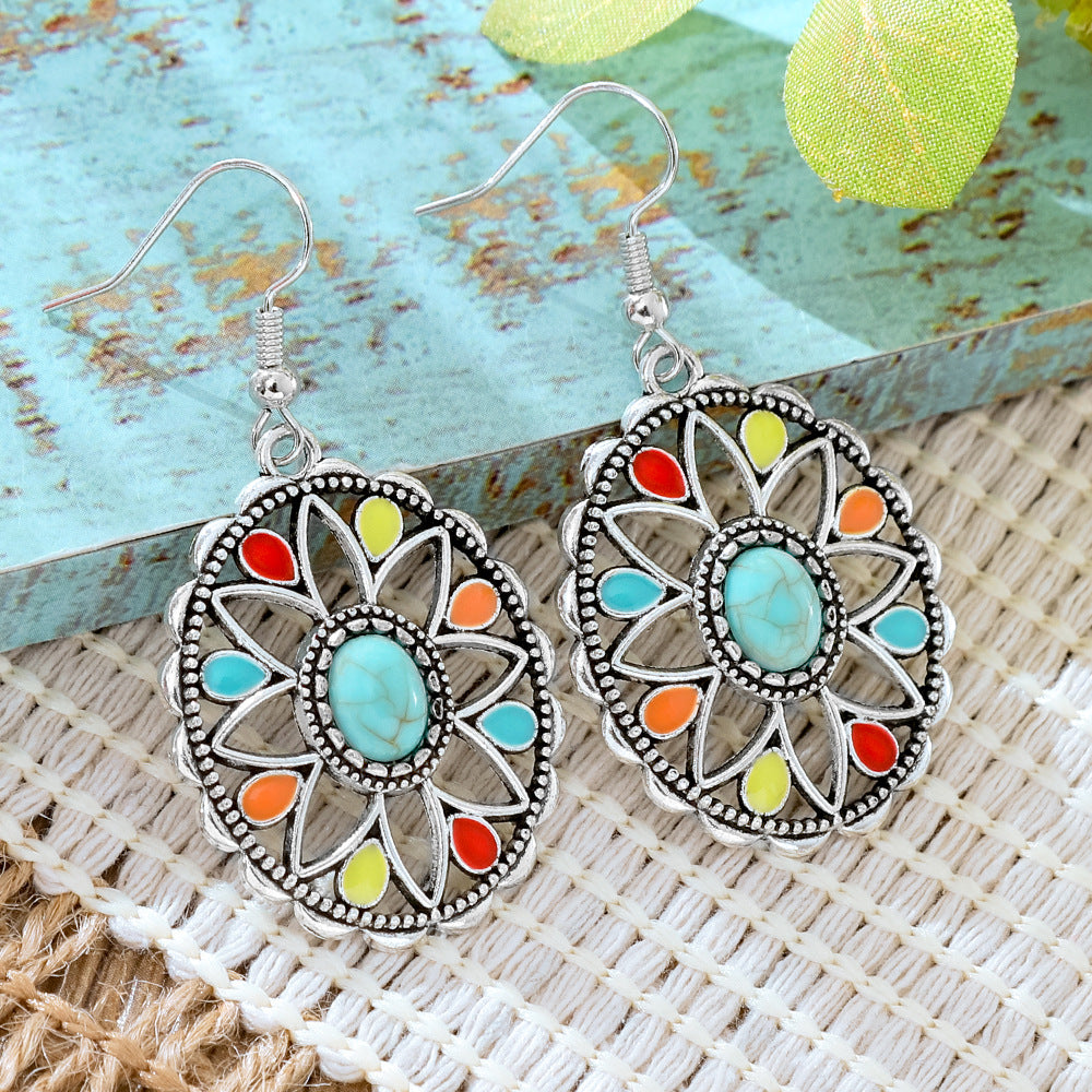 Wholesale Alloy Retro Ethnic Turquoise Bohemian Geometric Oil Drip Earrings Jewelry Accessory