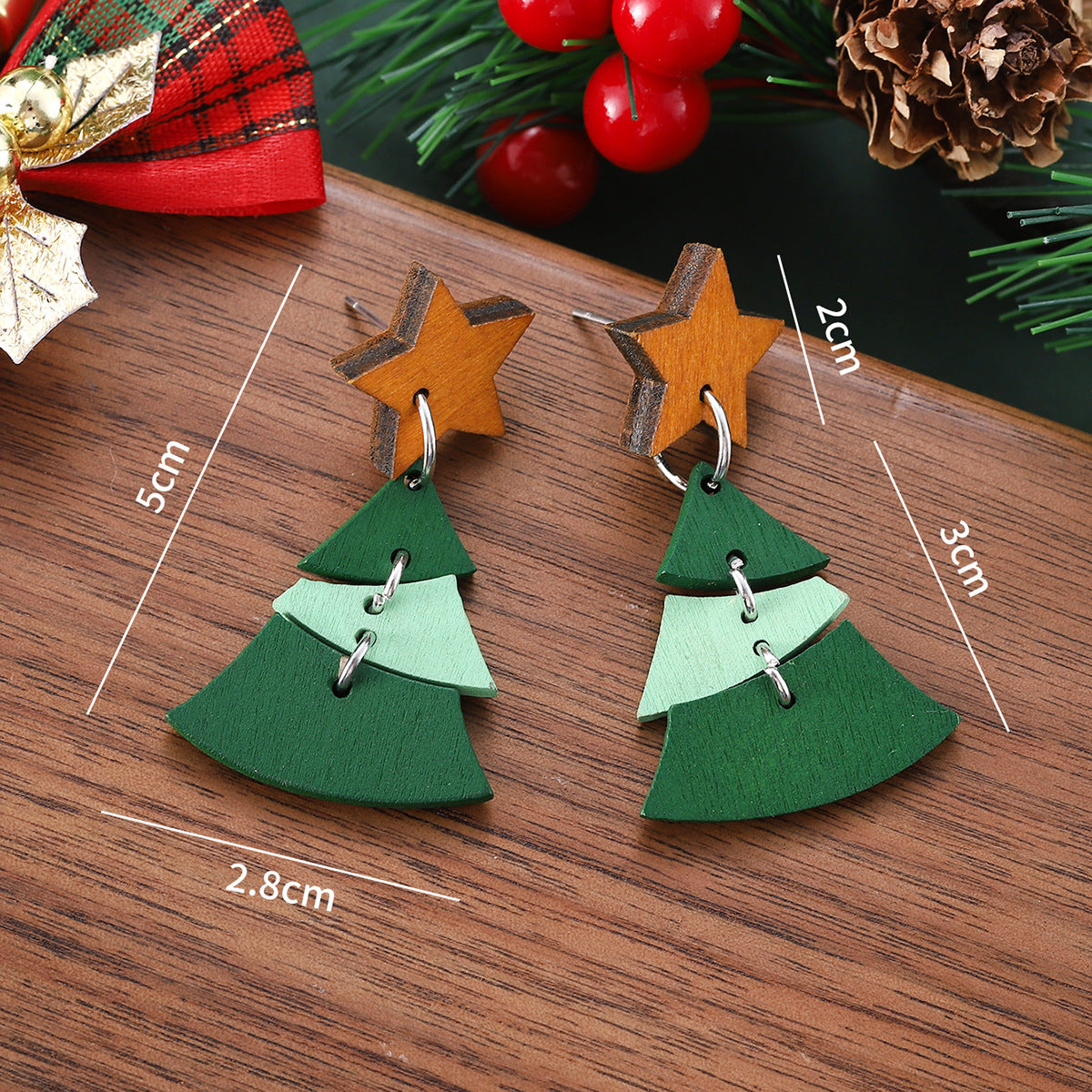 Wholesale Christmas star Christmas tree wooden double-sided pendant earrings