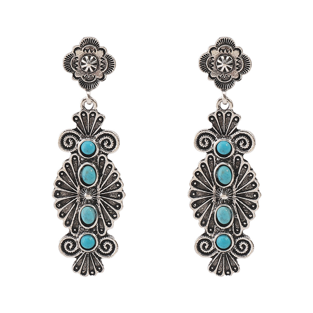 Wholesale vintage Artistic Carved Ancient Silver Earrings Bohemian Ethnic Style with Turquoise Earrings