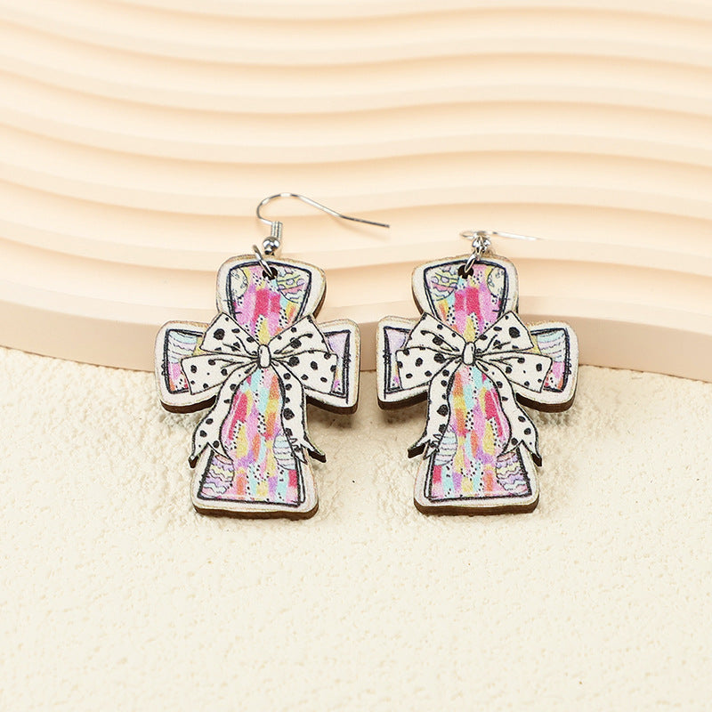 Wholesale Acrylic wooden Easter vintage bunny hollow cross bow earrings
