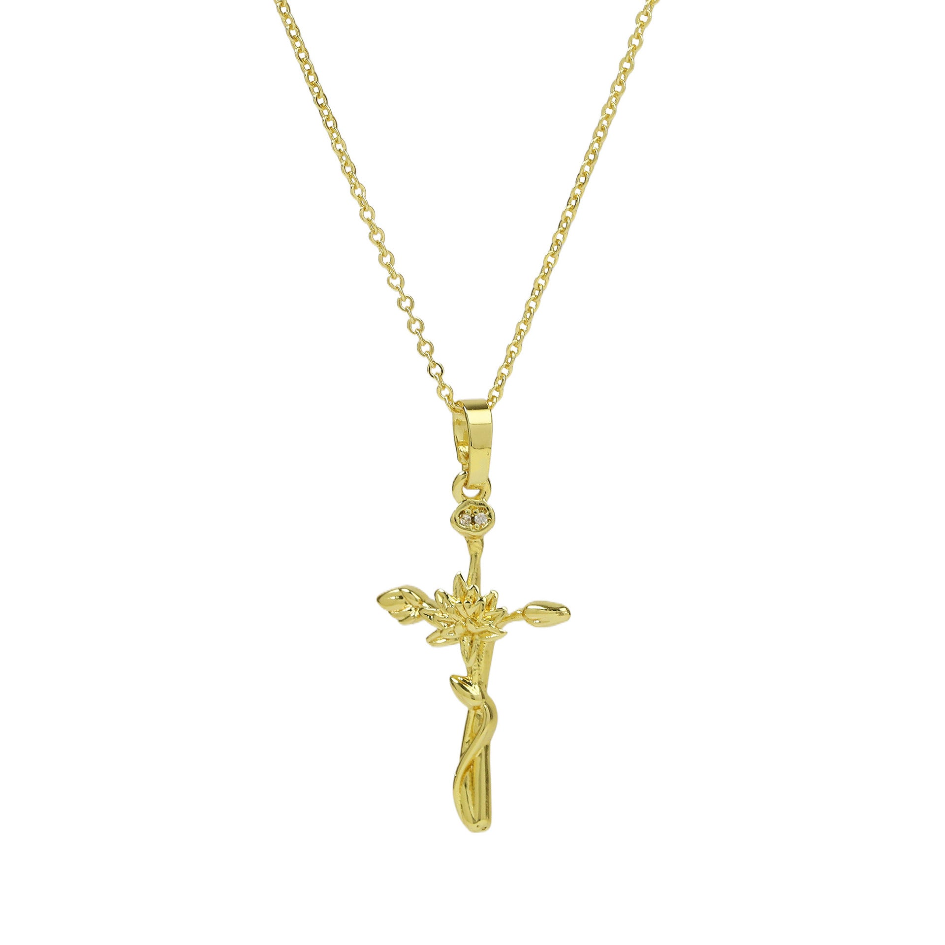 Wholesale  Brass Plated 18k December Flower Cross Pendant Necklace