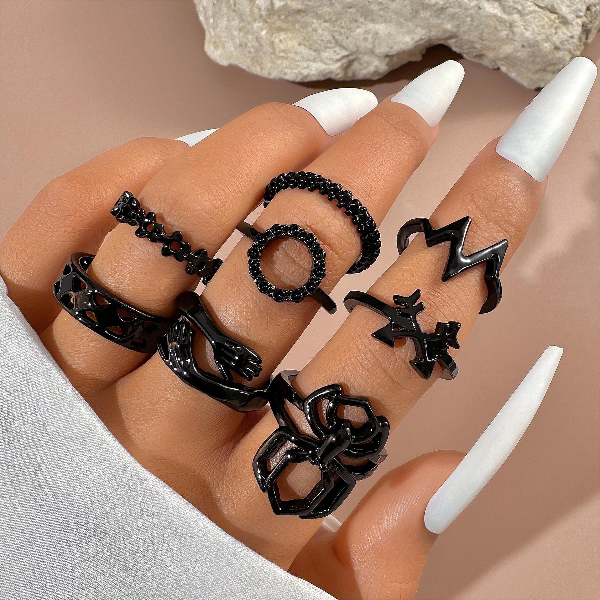 Wholesale Fashion Ring Set Spiral Stacking Black Gemstone Design Alloy Jewelry Accessory for Everyday Wear