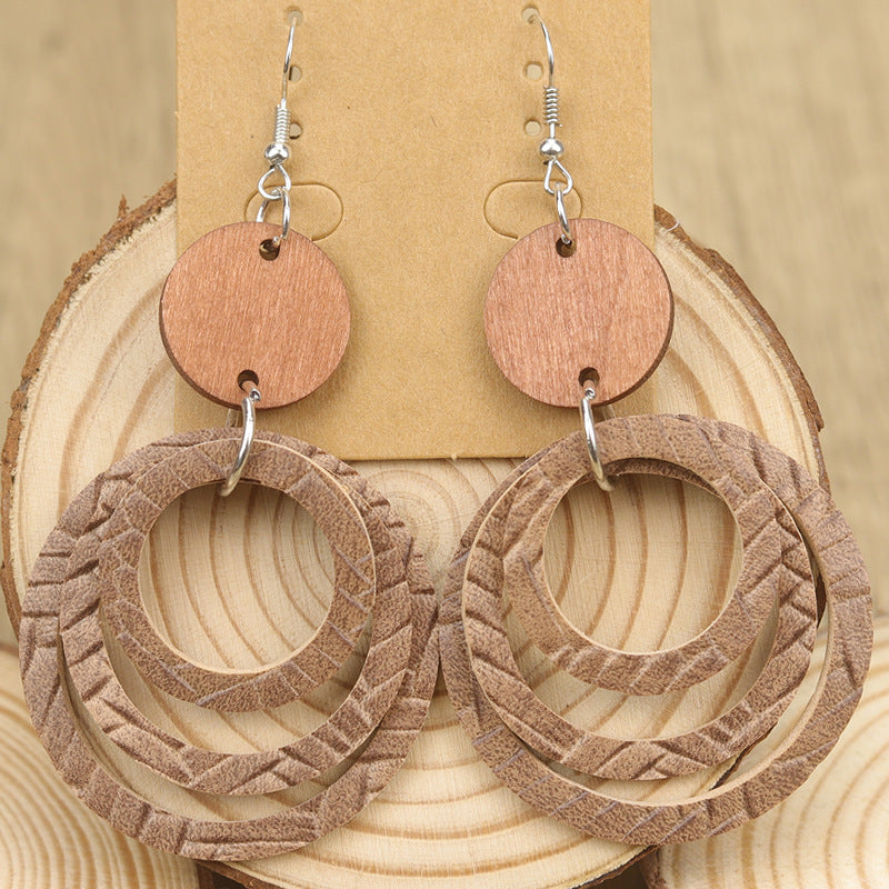 Wholesale Bohemian Style Multi-Layered Leather Ring Retro Splicing Small Wood  Earrings