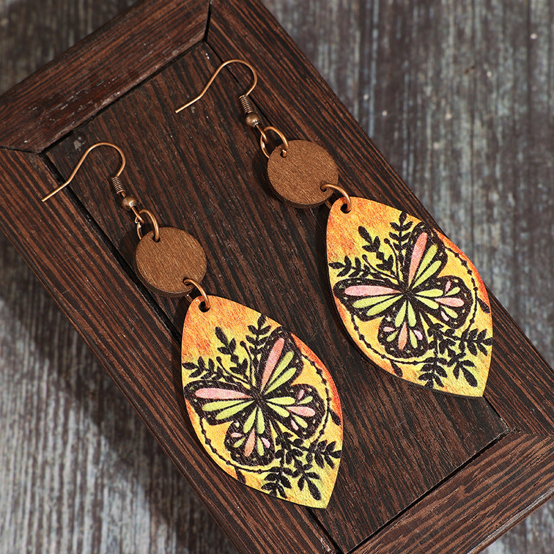Wholesale Retro Bohemian Butterfly Print Wooden Earrings Fashion Jewelry Accessory