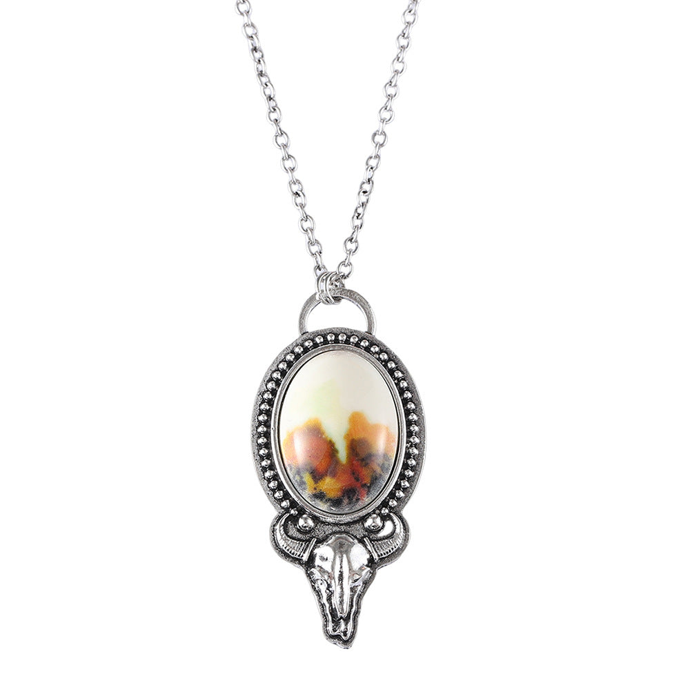 Wholesale  Western Style Cow' s Head Flower Oval Pendant Necklace