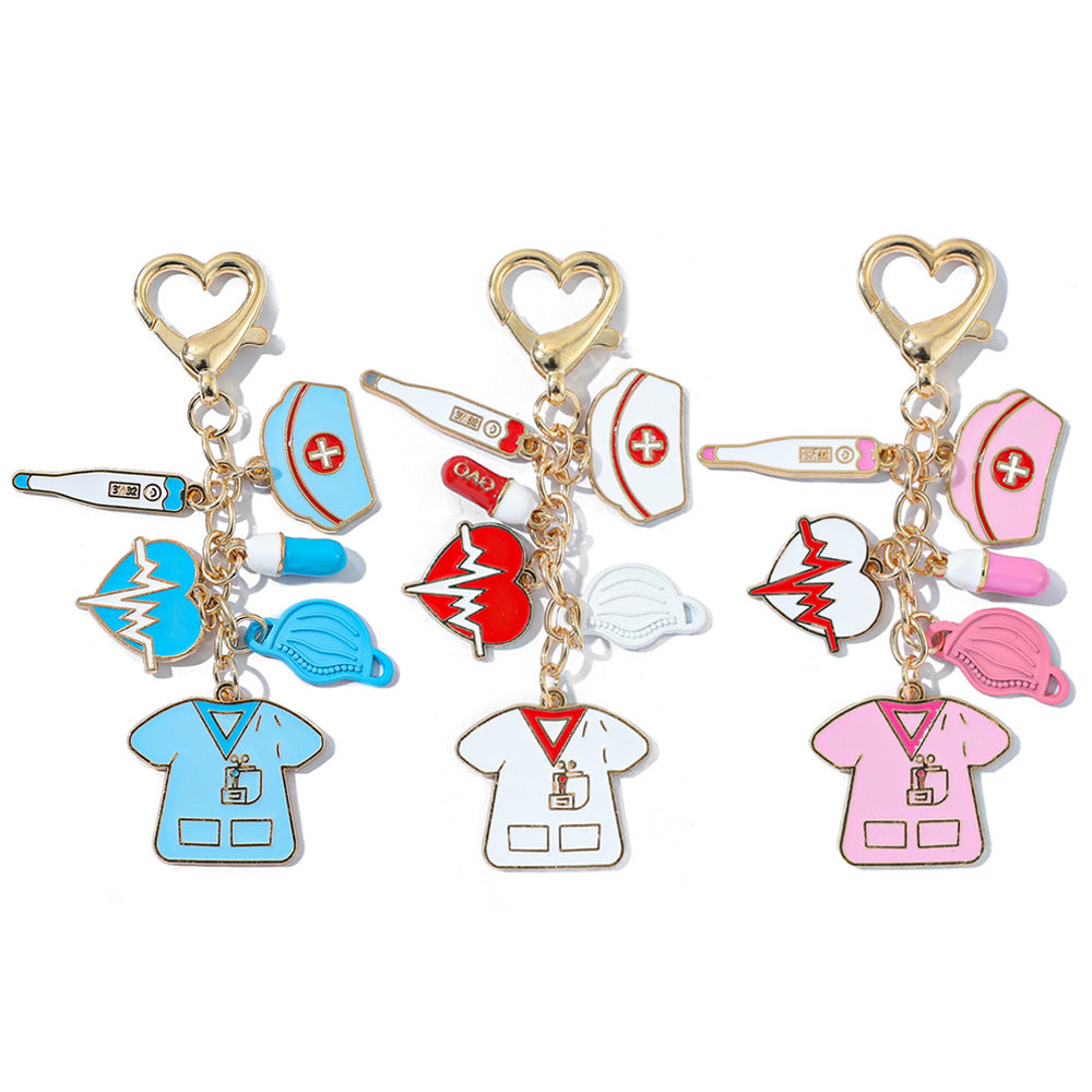 Wholesale Classic nurse cap thermometer pill mask heartbeat nurse suit zinc alloy keychain