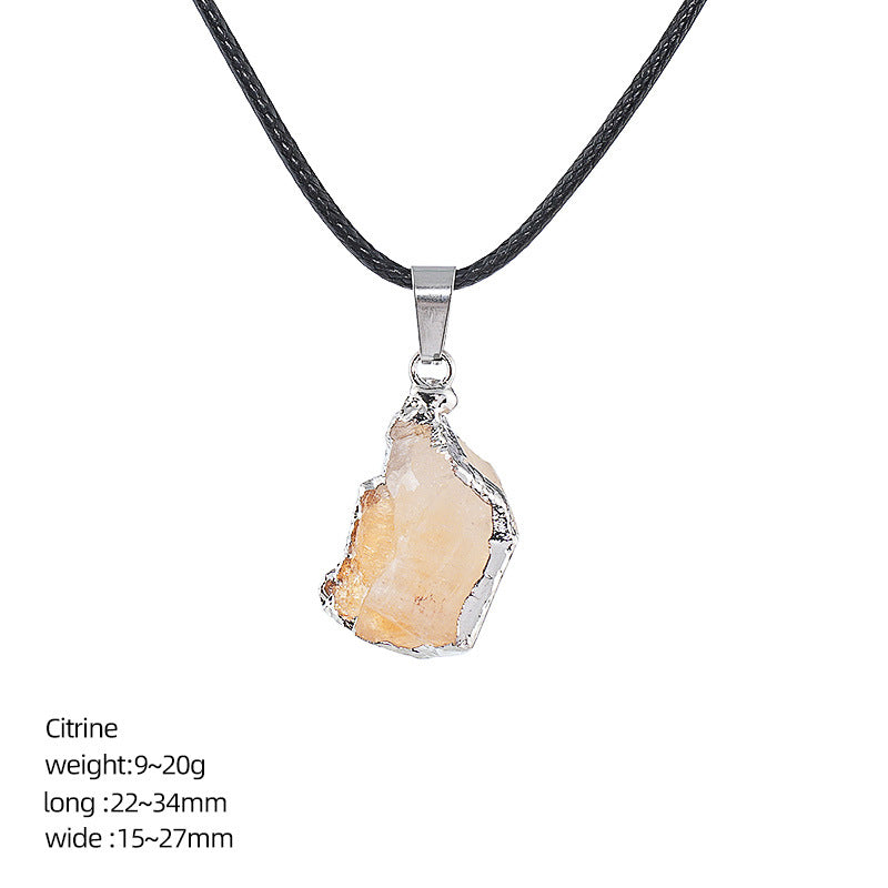 Wholesale Natural Crystal Raw Stone Pendant Necklace with Leather Rope Chain Irregular Hand-Hammered Electroplated Fashion Jewelry