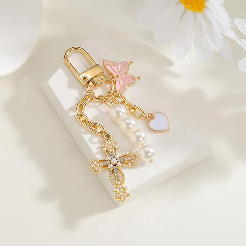 Wholesale Zinc Alloy Heart Butterfly Cross Keychain Bag Charm For Women Car Keys Wallet Pearl Initial Pendant