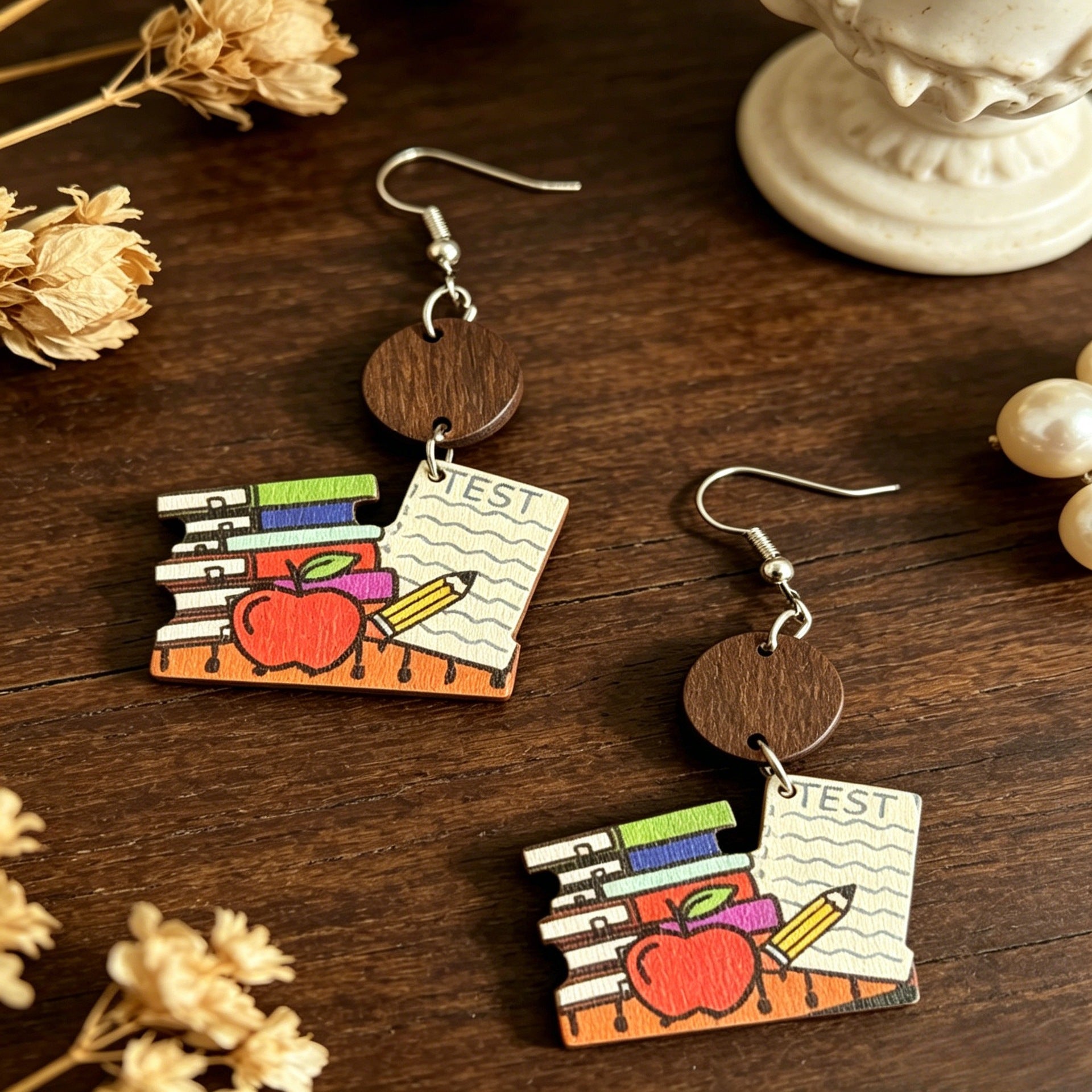 Wholesale Wooden Earrings Teacher Book Pencil Cartoon Print Back to School Fashion Accessory