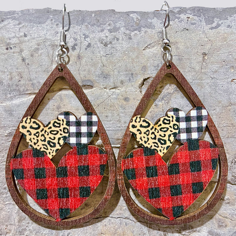 Wholesale 2 Pairs/pack Valentine's Day Hollow Heart Leopard Print Wooden Earrings ACC-ES-HeYi001