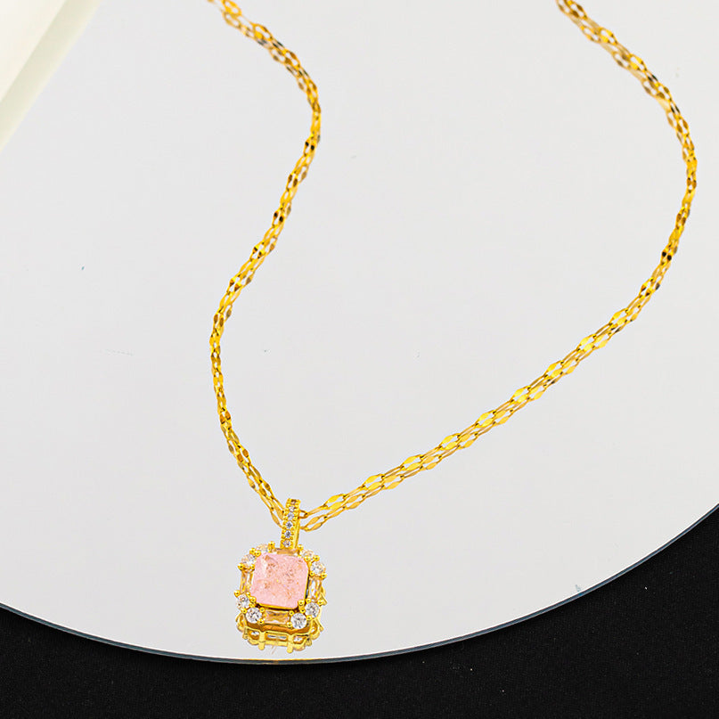Wholesale Ice Stone Pink Diamond Light Luxury Copper Gold-plated Titanium Steel Necklace Luxury Necklaces ACC-NE-XuHao004