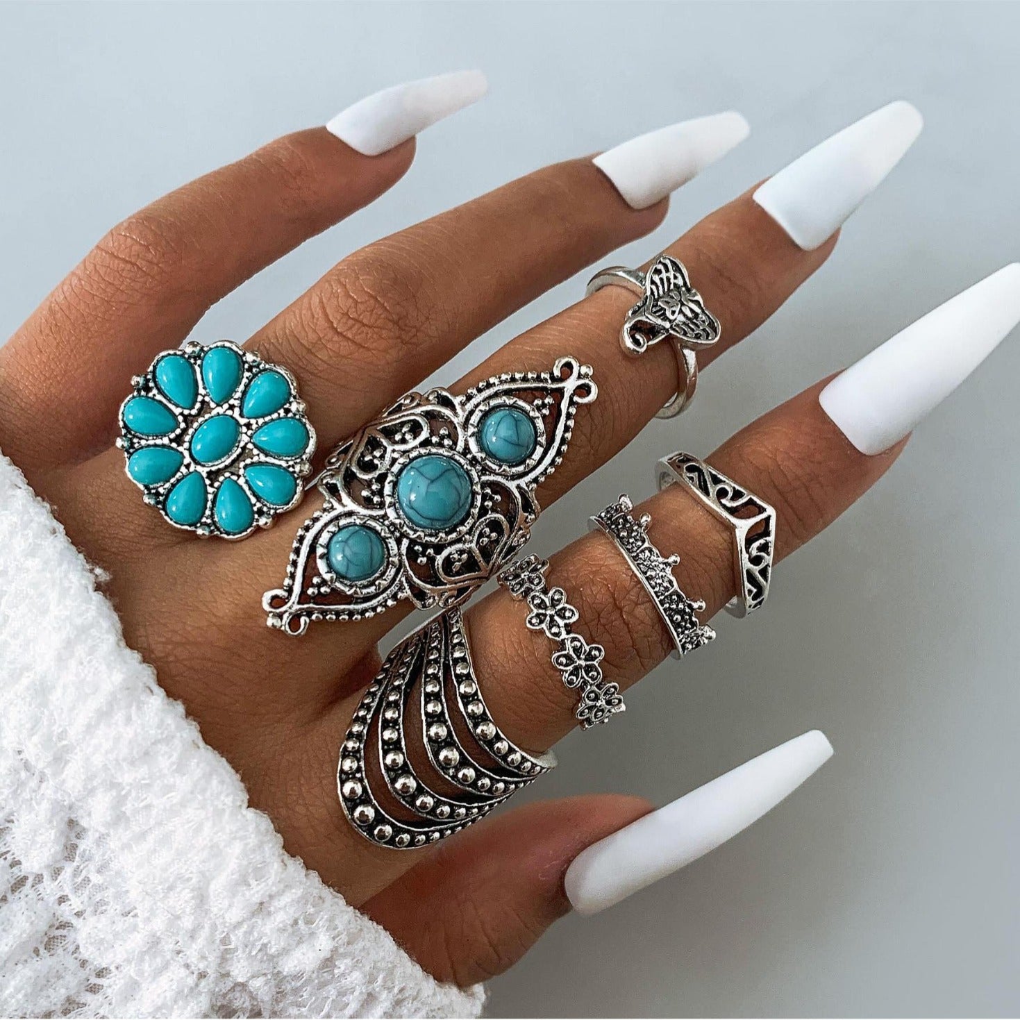 Wholesale Retro Ethnic Style Turquoise Carved Feather Ring Vintage ACC-RS-YongGe005