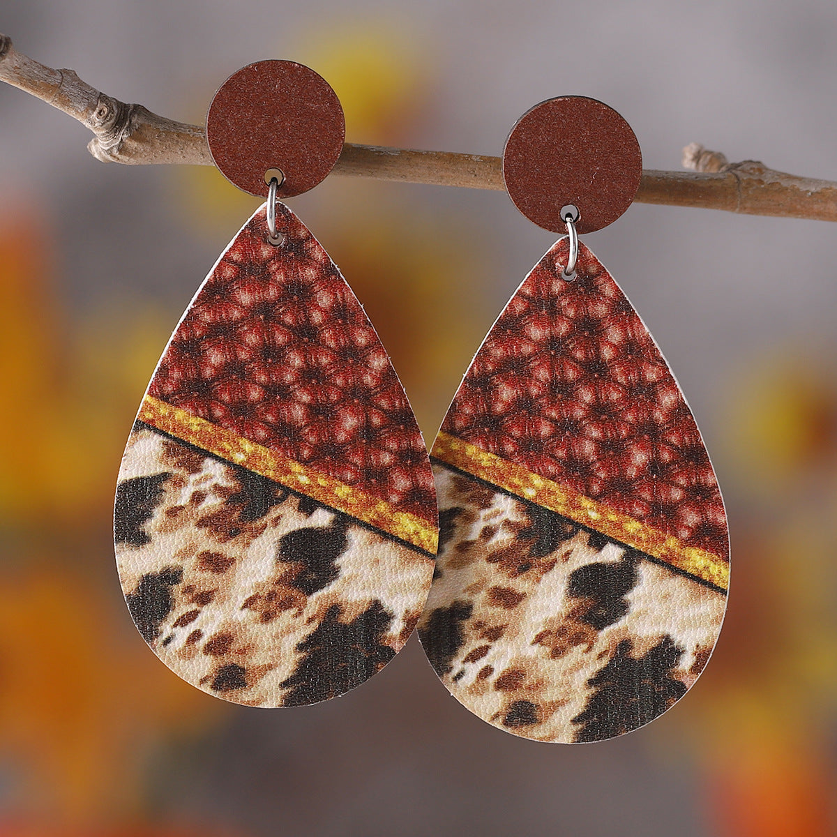 Wholesale Western Style Colorful Leopard Zebra Leather Wood Piece Stitching Earrings ACC-ES-ChuLian136
