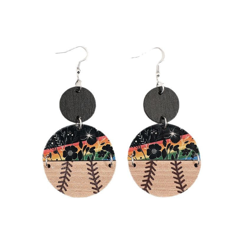 Wholesale Retro style semicircle stitching flower baseball wooden ladies earrings