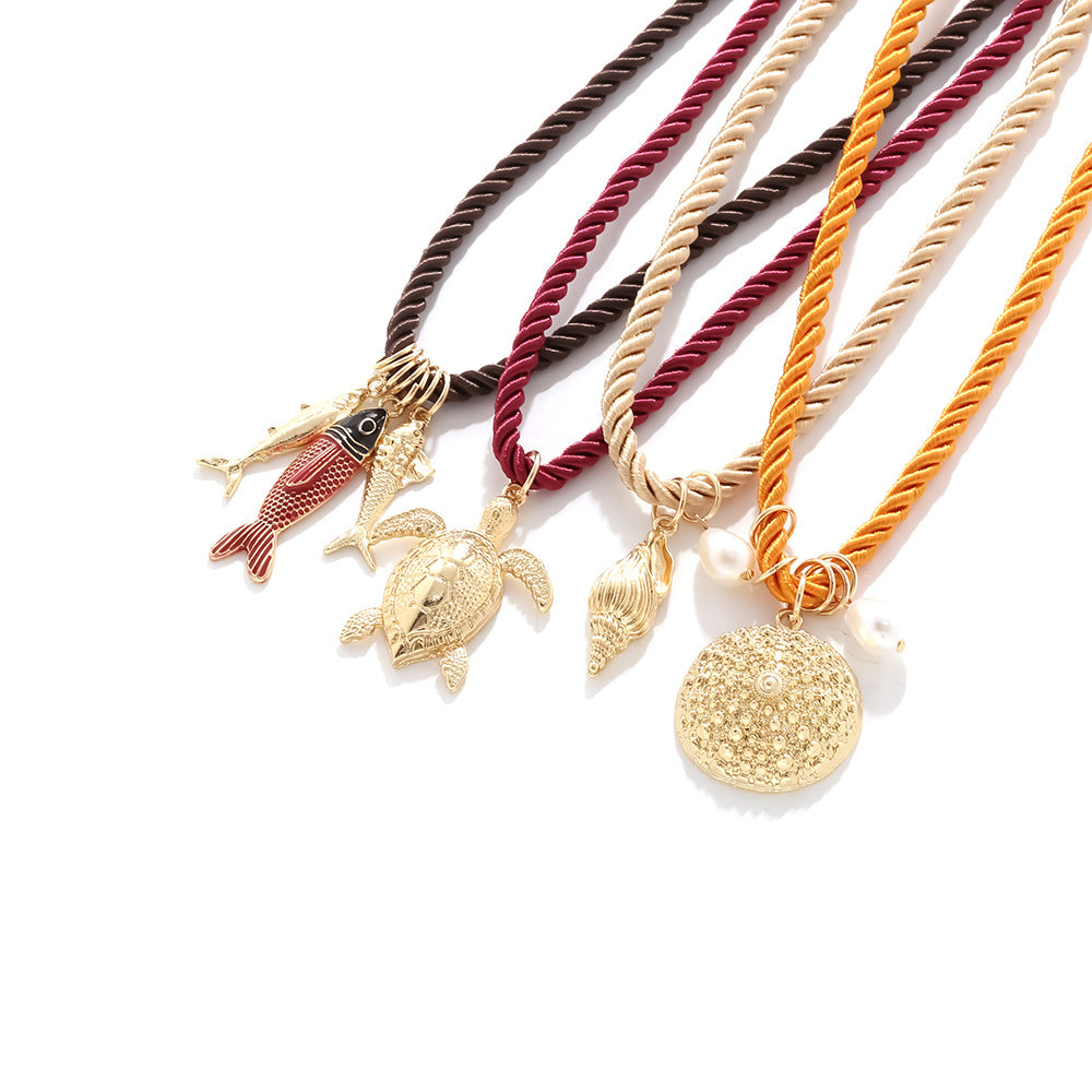 Wholesale summer ocean wind stacked fish turtle conch pendant suit necklace