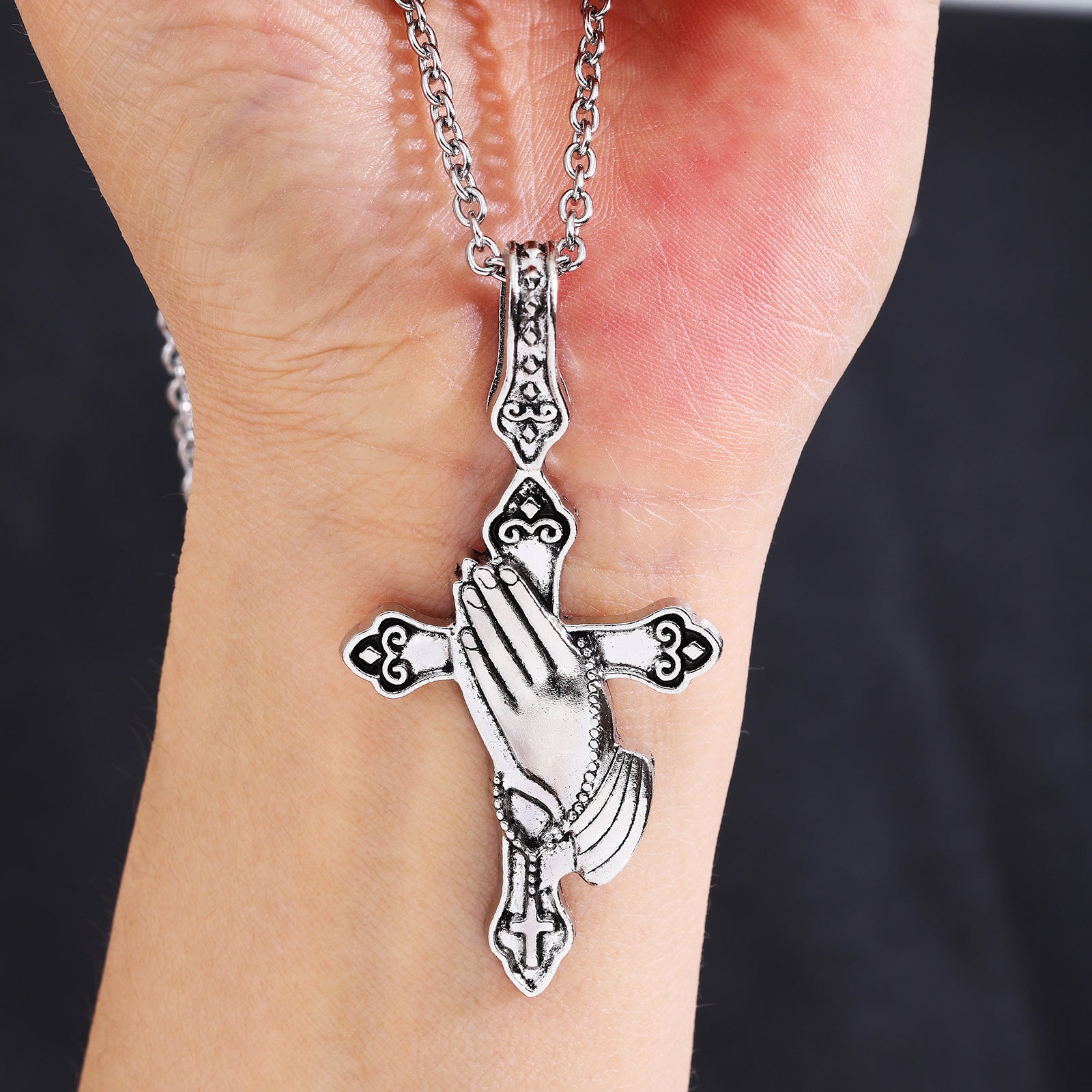 Wholesale Stainless Steel Chain Praying Hands Cross Alloy Pendant Women's Necklace