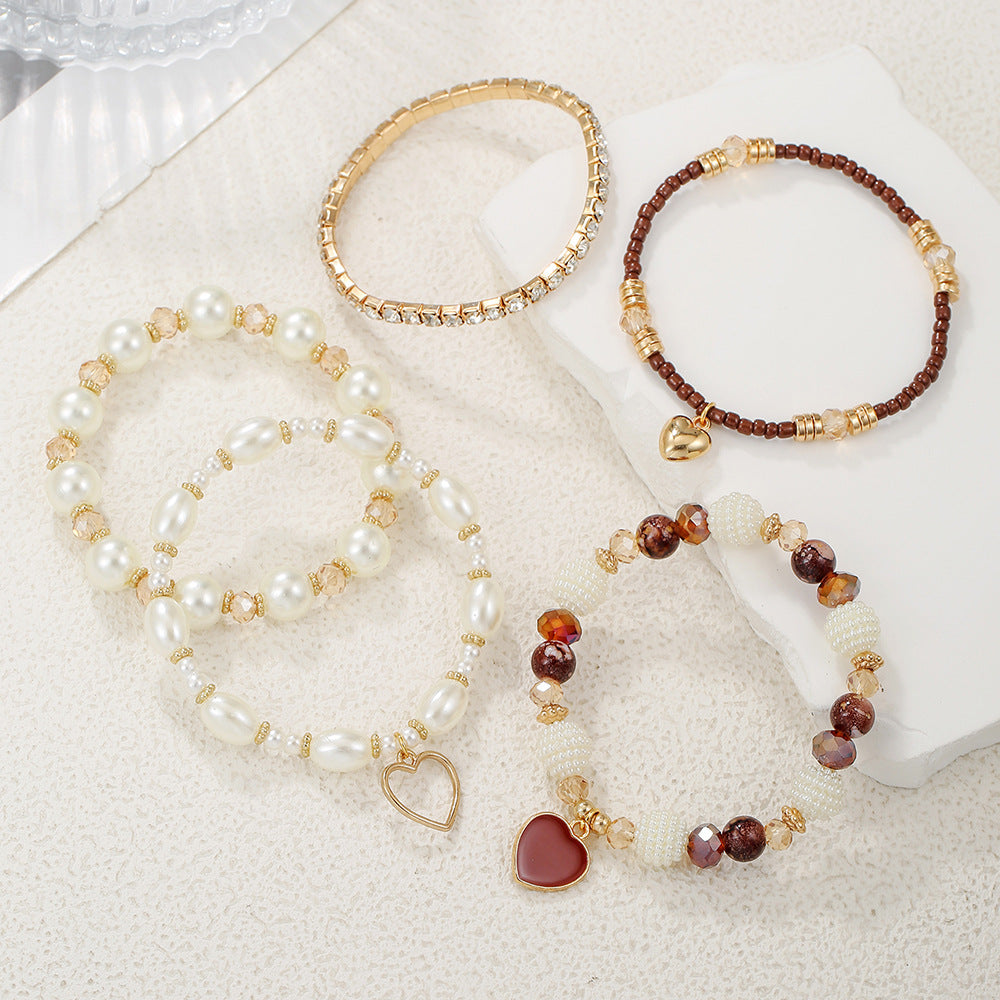 Wholesale Alloy Hand Knit Beaded Bracelet Set,  Bohemian Heart Design Jewelry Accessory for Women