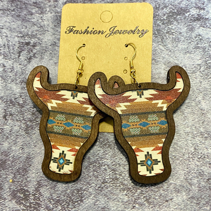 Wholesale Western Cowboy Earrings Aztec Pattern Flower Inlaid Fungus Pendant Earrings