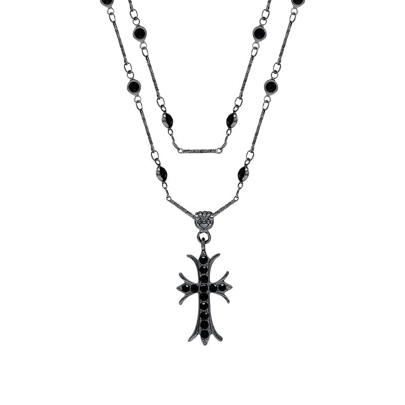 Wholesale Dark Style Silver Cross Choker Necklace Copper Electroplated Double Layer Jewelry Accessory