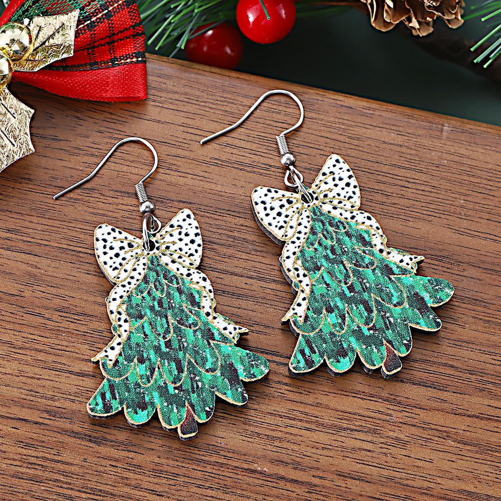 Wholesale Christmas cow pattern bow Christmas tree pendant earrings wooden