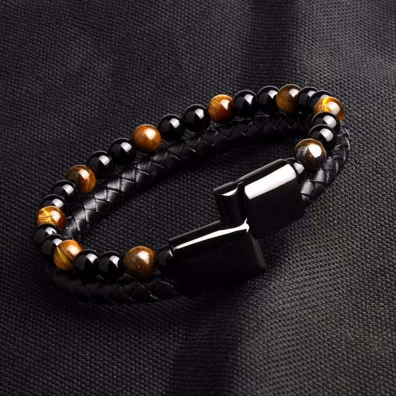 Wholesale Alloy Leather Rope Natural Stone Bracelet Double Layer Tiger Eye Stone Volcanic Stone Beaded Bracelet ACC-BT-YunJin005