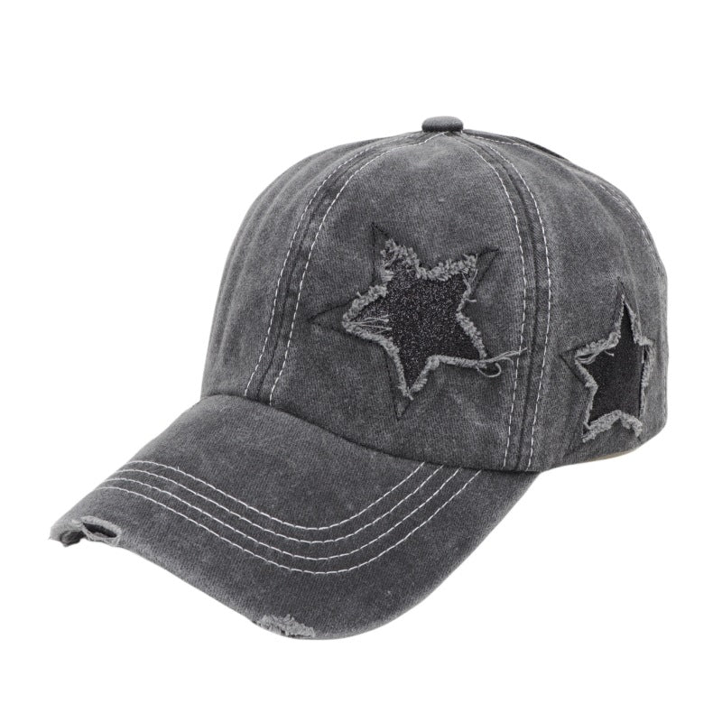 Wholesale  five-pointed star sequined ponytail ripped baseball cap