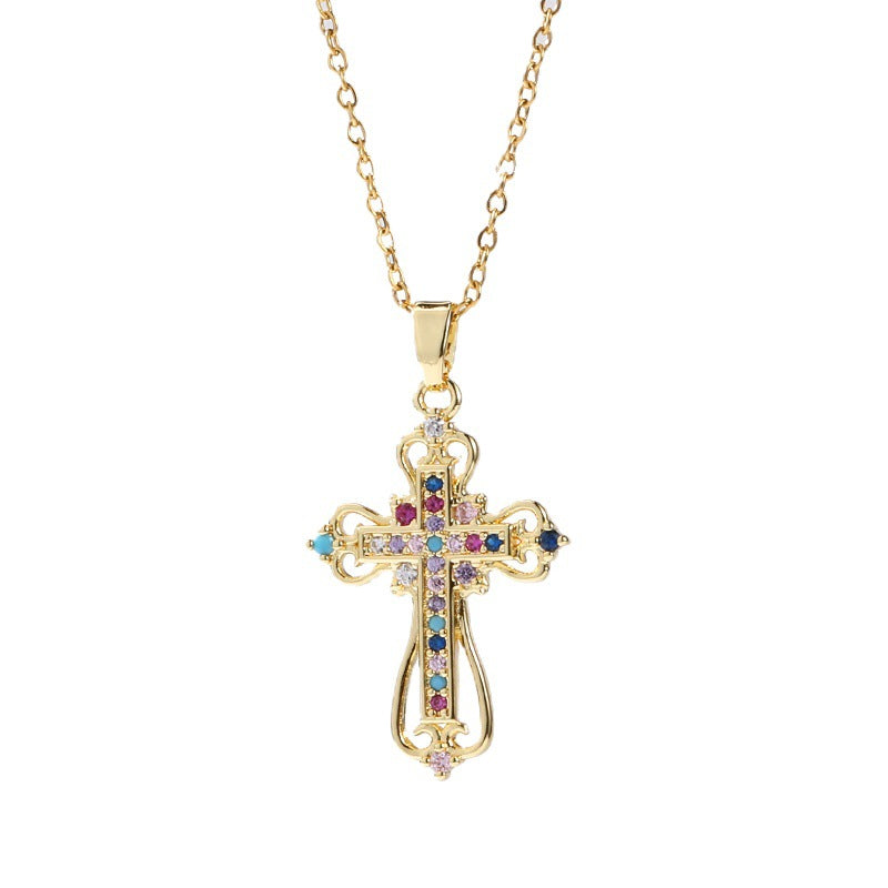 Wholesale Fashion Colorful Zircon Cross Pendant Necklace For Women Trendy Collarbone Chain Jewelry Gift
