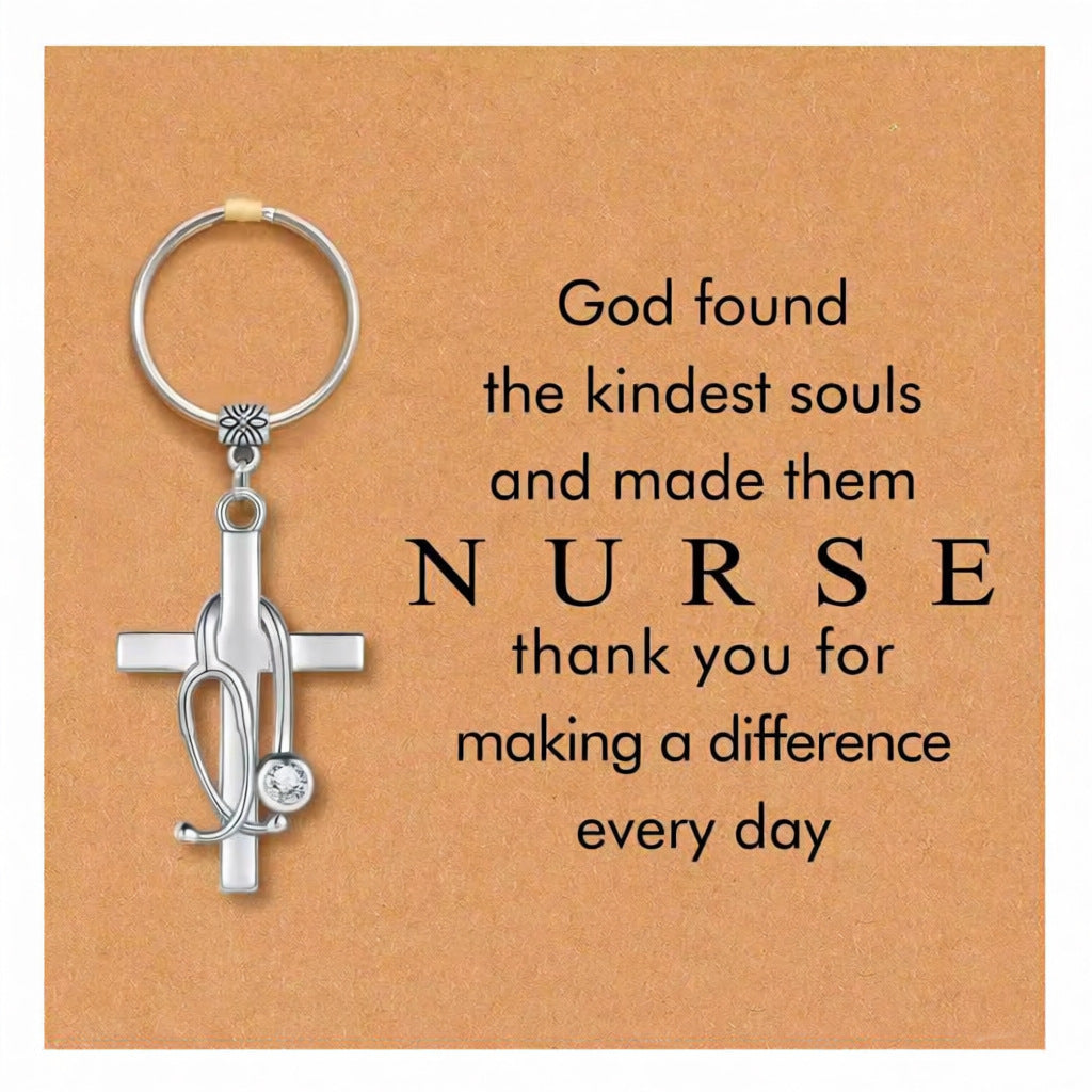 Wholesale Metal Nurse Medical Keychain Pink Stethoscope Cross Design Gift Bag Charm Decorative Accessory