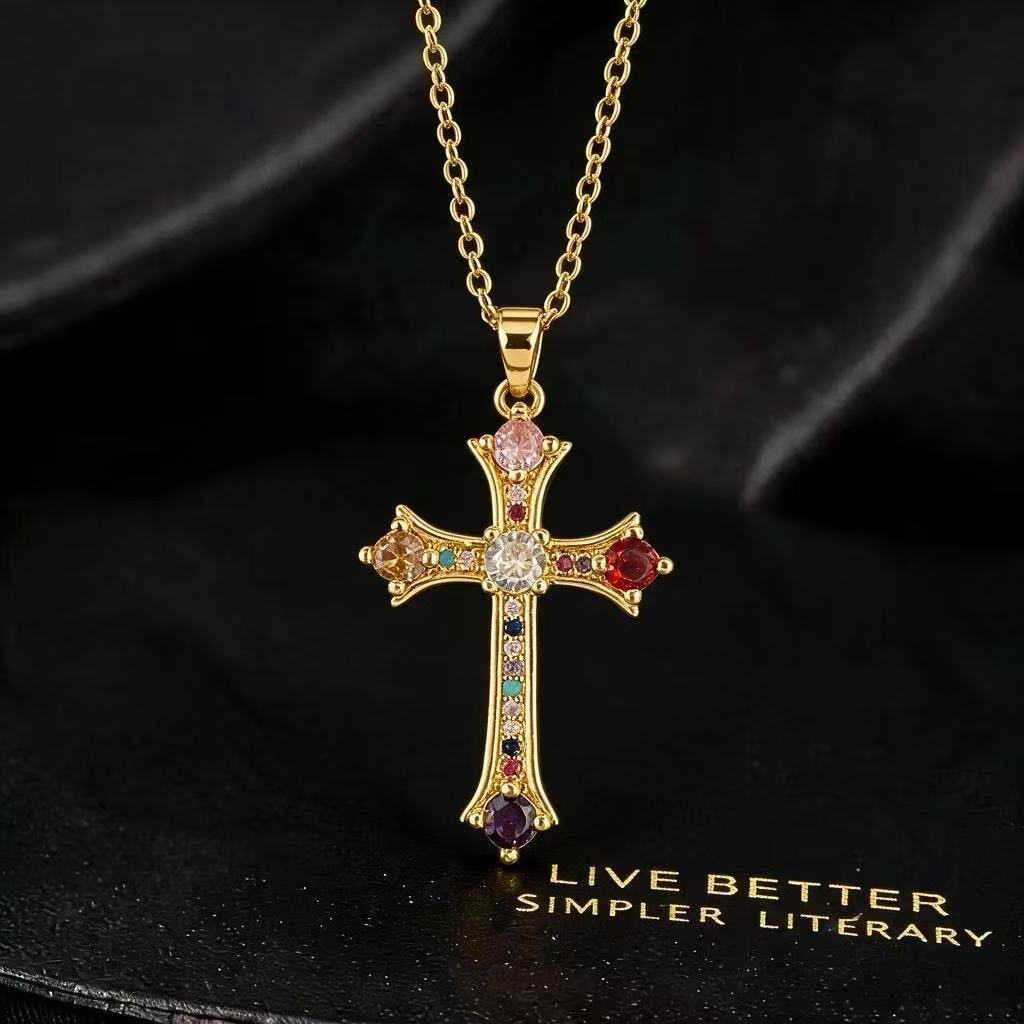 Wholesale Chic Cross Pendant Necklace For Women Micro Set Zircon Copper Electroplated O Shape Chain Fashion Jewelry Accessory Resale Gift