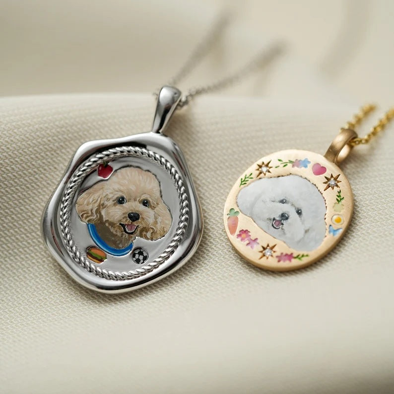 Wholesale CHand-Painted Copper Oval Tarot Card Necklace with Enamel Puppy Motif