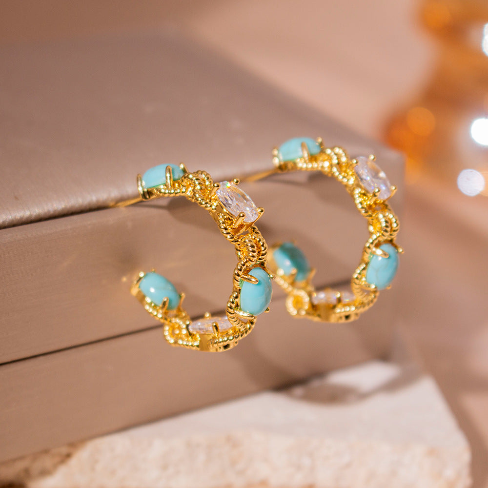 Wholesale  Light Luxury Turquoise Zircon C- shaped Earrings