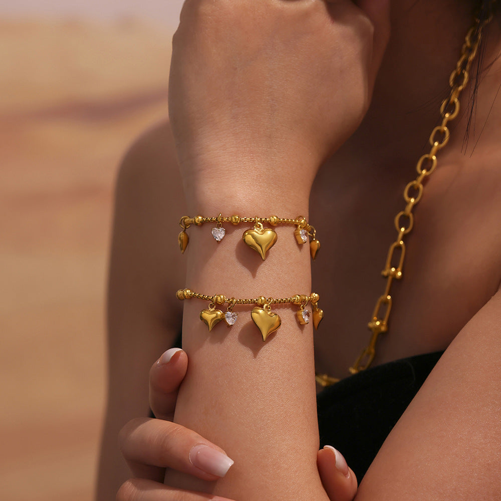 Wholesale Stainless Steel Round Bead Heart Zircon Pendant Bracelet