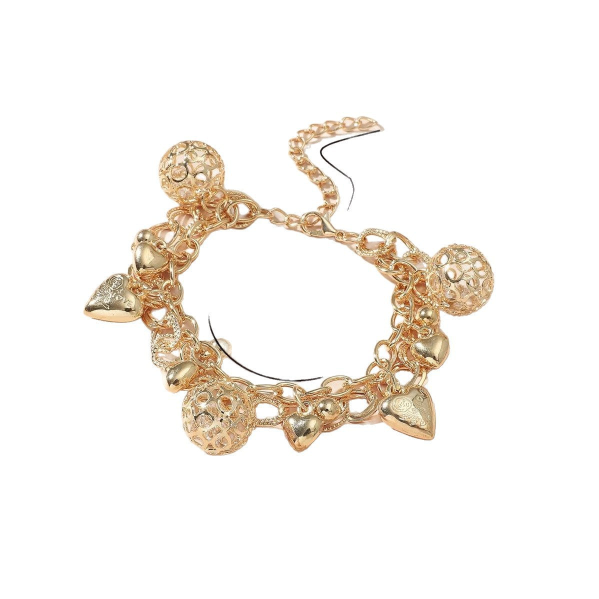 Wholesale Fashionable Cross-Border Korean Style Heart Letter Hollow Ball Pendant Double-Layer Bracelet Exquisite Gold Versatile Personalized Bracelet