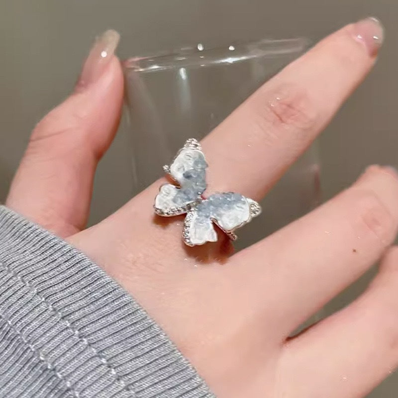 Wholesale Blue Crushed Ice Butterfly Open Ring Adjustable Alloy Fashion Jewelry Accessory For Everyday Wear