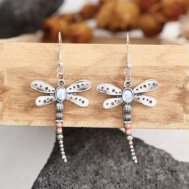 Wholesale  retro design sense Dragonfly earrings creative insects moonstone earrings