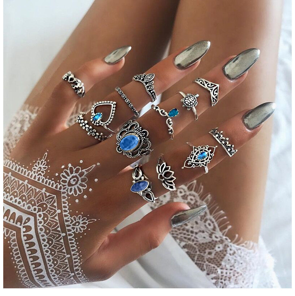 Wholesale Vintage Bohemian Feather Turquoise Hollow Ring Set 9 Pieces Fashion Jewelry Accessory for Everyday Wear Gift
