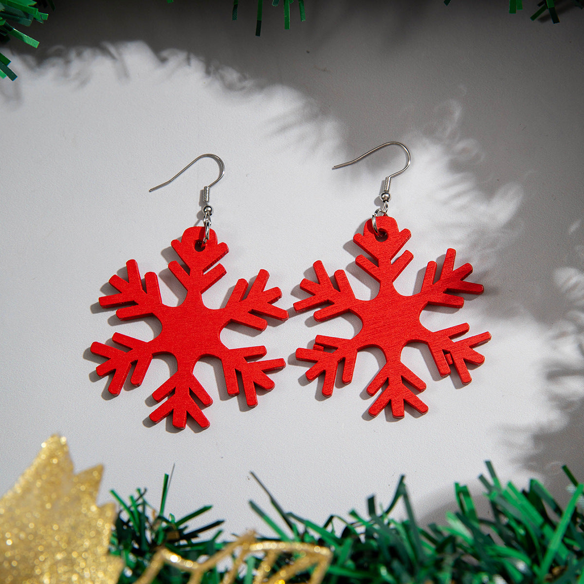 Wholesale  Wooden Red Snowflake Earrings