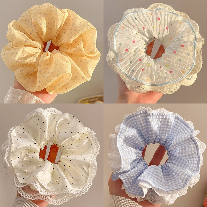 Wholesale Chunky Rainbow Polka Dot Lace Scrunchie Sweet Hair Tie Fashion Accessory Everyday Gift