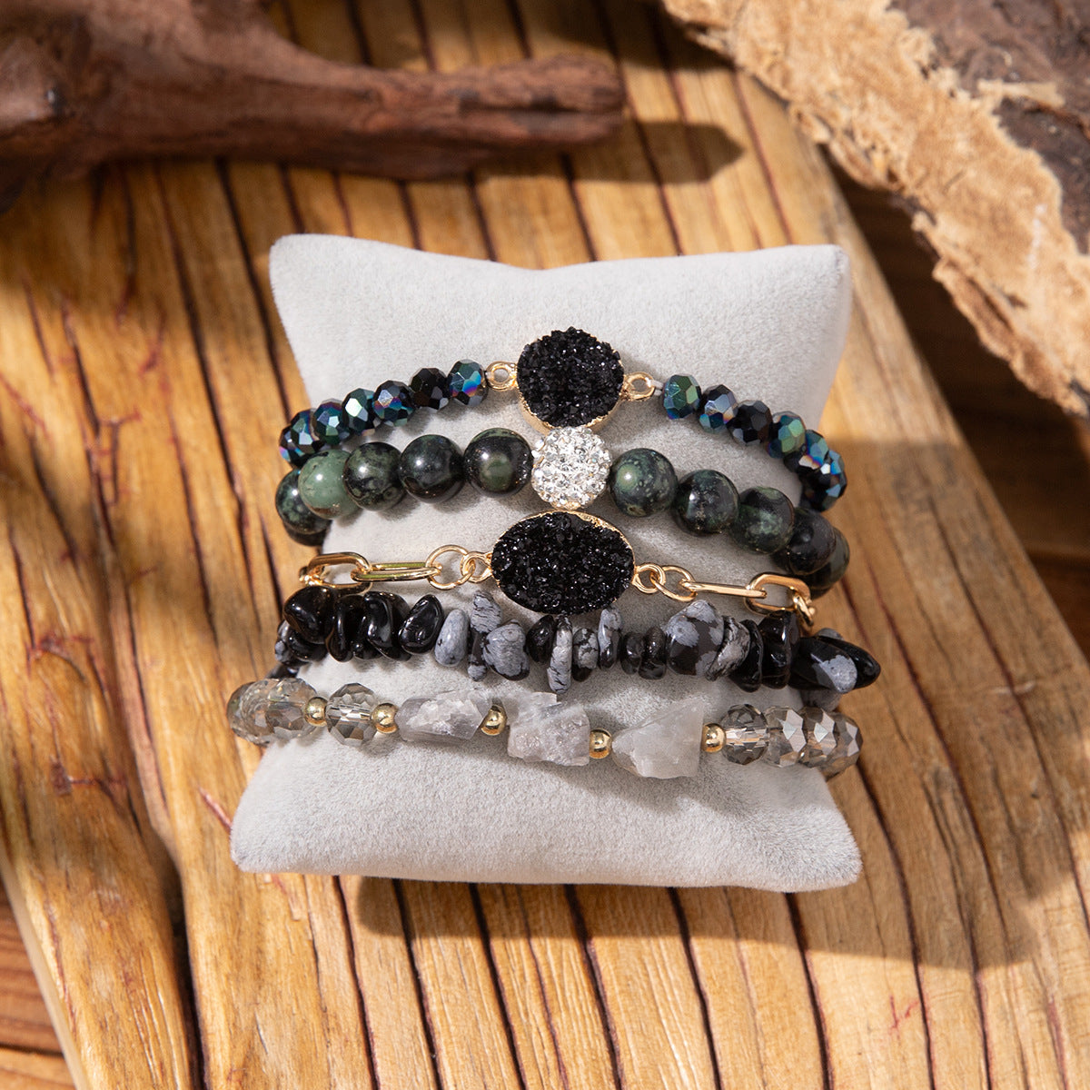 Wholesale 5pcs/set Crushed Rose Quartz Bohemian Beaded Bracelet Set