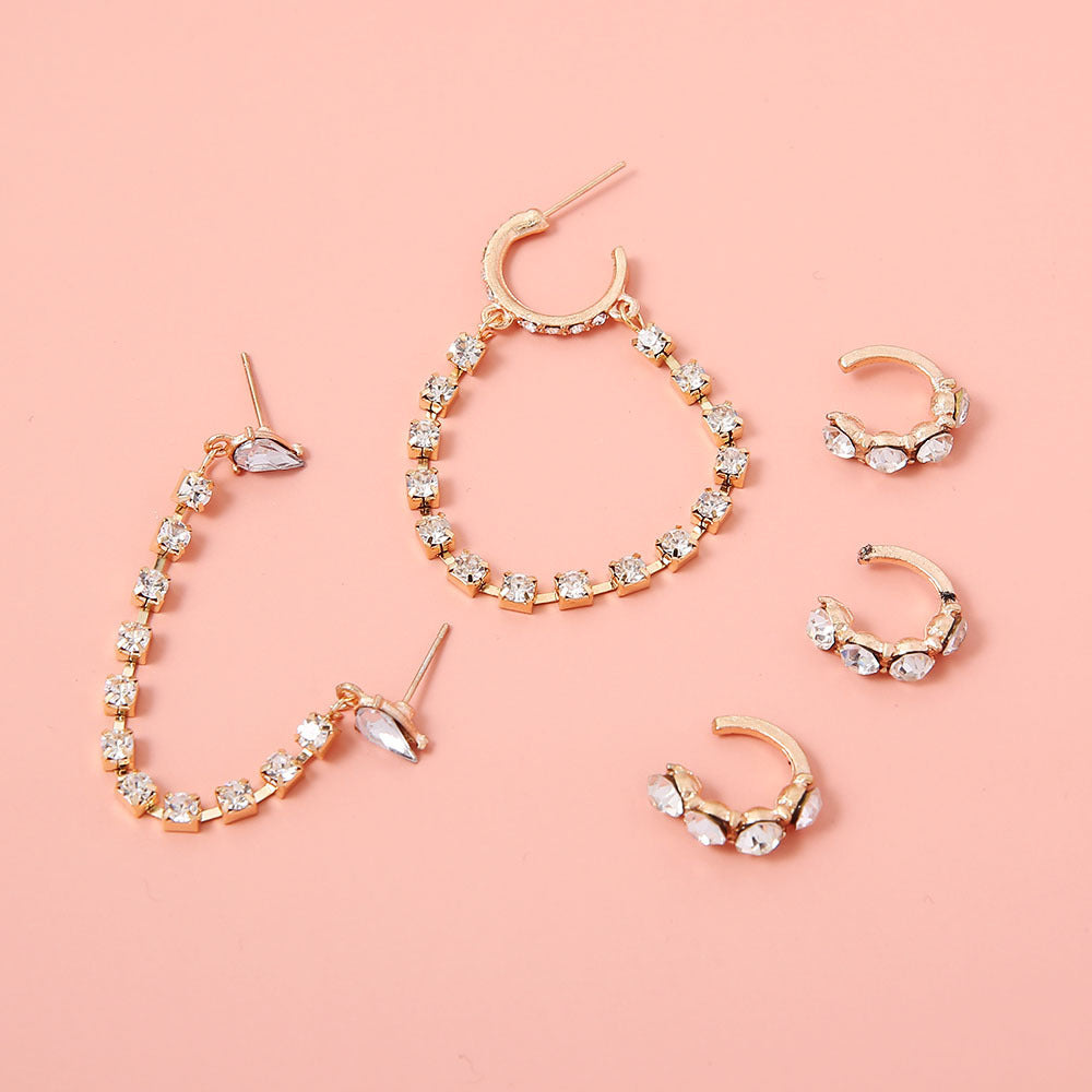 Wholesale  horse eyes sparkling rhinestone claw chain tassel C- shaped 5-piece suit earring