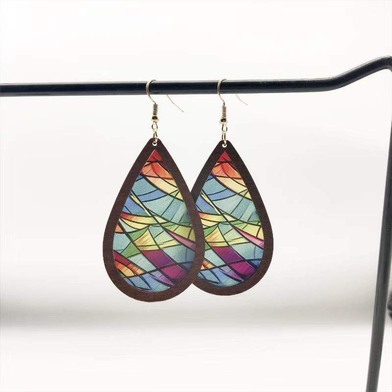 Wholesale teardrop shaped inlaid acrylic church color print earrings