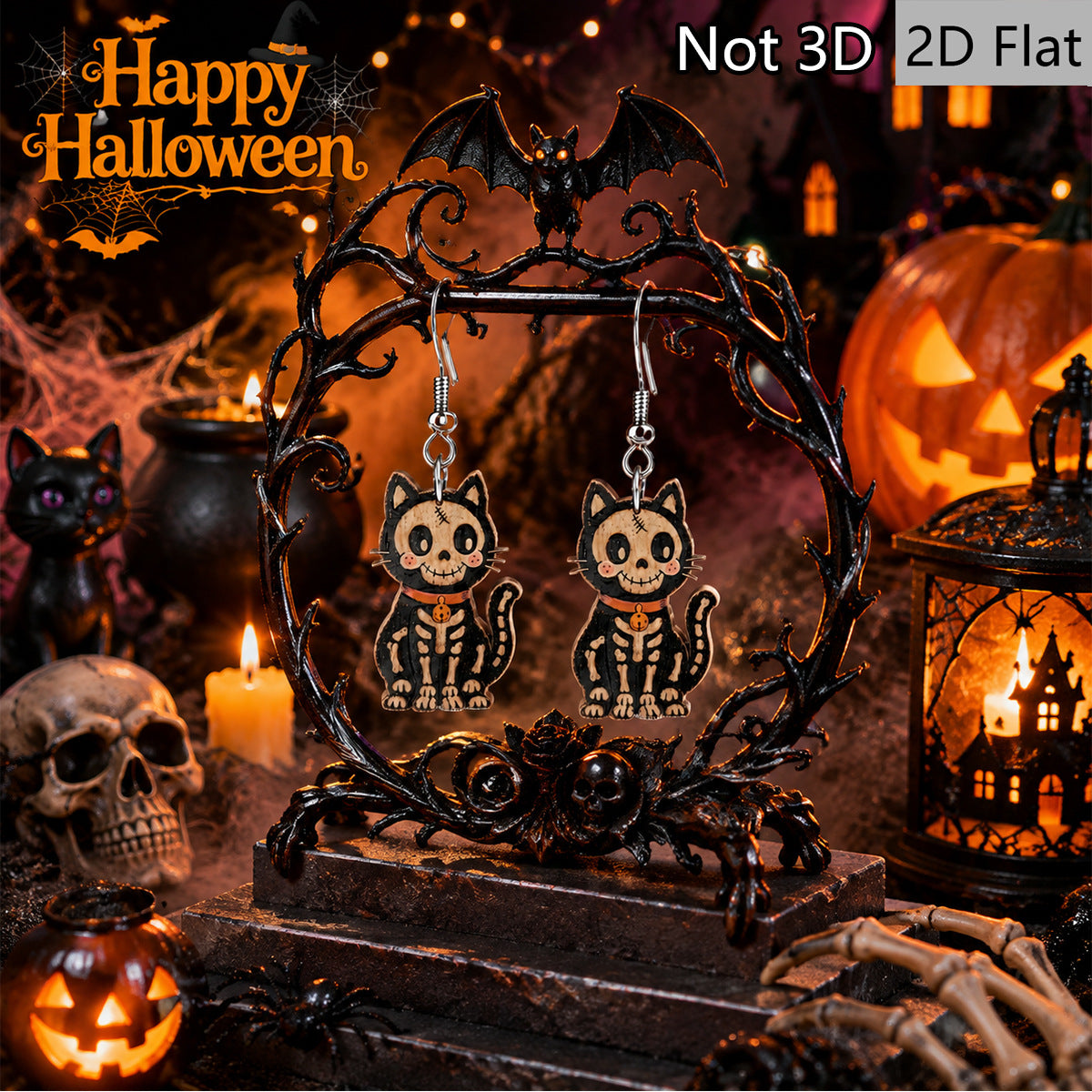 Wholesale Retro  Wooden Drop Earrings With Skull And Black Cat Print Women S Fashion Jewelry