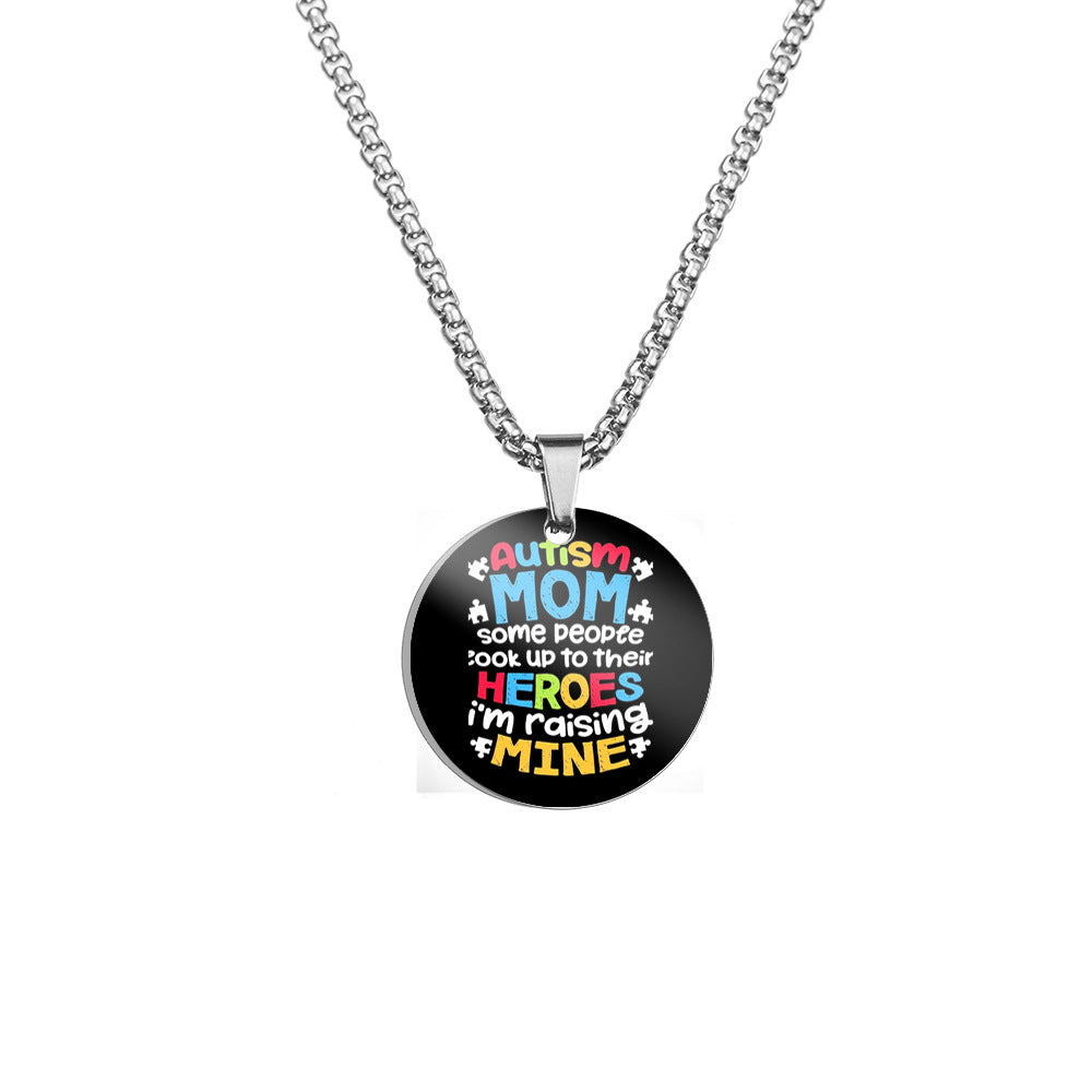 Wholesale Autism MOM Puzzle Color Printed Pendant Stainless Steel Necklace Mother's Day ACC-NE-HuanYu004