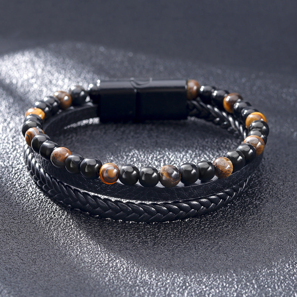 Wholesale Leather Natural Tiger Eye Stone Bracelet Handwoven Volcanic Stone Beaded Bracelet ACC-BT-ZiGe034