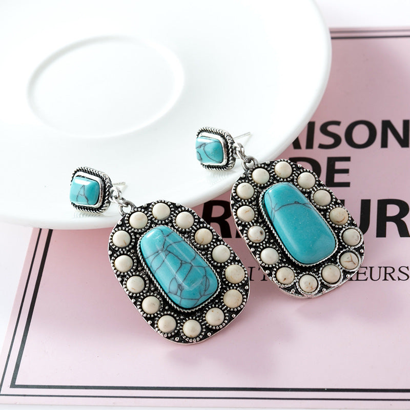 Wholesale Retro Turquoise Earrings Geometric Silver Tone Dangle Design Fashion Accessory for Party Gift