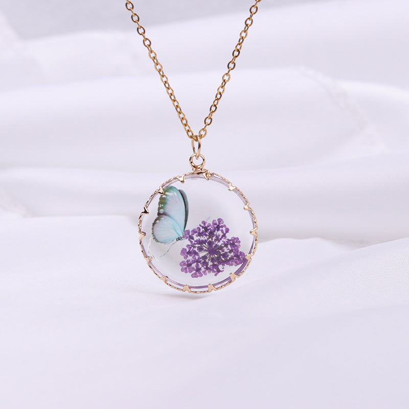 Wholesale Butterfly  Gold and Silver Dried Flower Glass Pendant Necklaces
